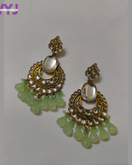 Antique Kundan Earrings with Mint Green Beads & Mirror Centerpiece