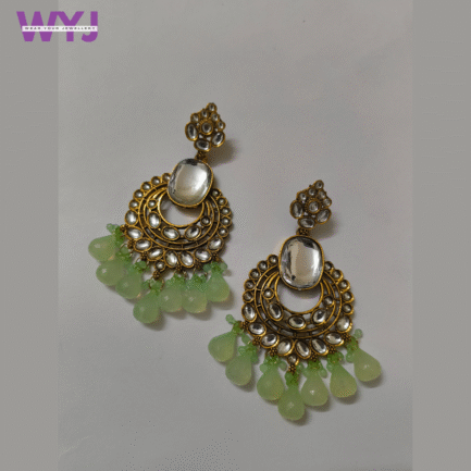 Antique Kundan Earrings with Mint Green Beads & Mirror Centerpiece