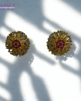 Golden Crystal Burst Stud Earrings with Ruby Center