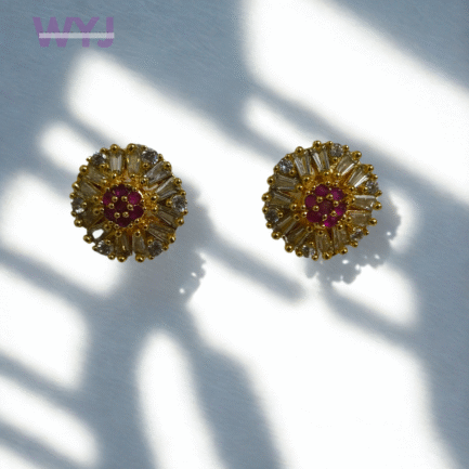 Golden Crystal Burst Stud Earrings with Ruby Center