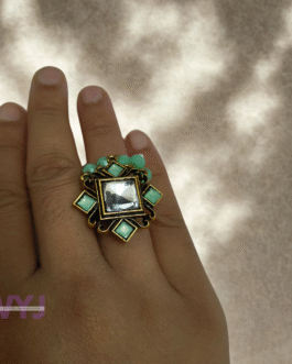 Square Antique Mirror Ring with Mint Green Beads