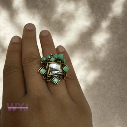 Square Antique Mirror Ring with Mint Green Beads