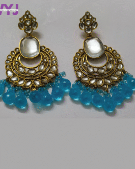 Antique Kundan Earrings with Sky Blue Beads & Mirror Center