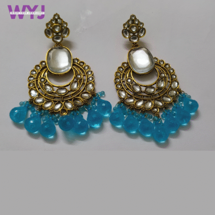 Antique Kundan Earrings with Sky Blue Beads & Mirror Center