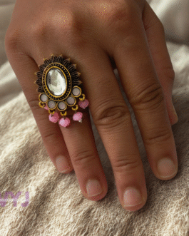 Antique Gold Mirror Dome Ring with Pink Bead Tassels