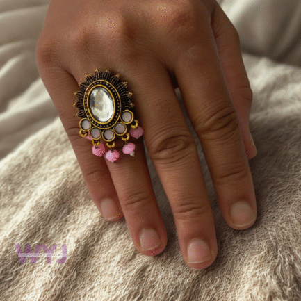 Antique Gold Mirror Dome Ring with Pink Bead Tassels