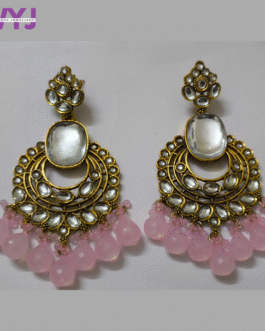 Antique Kundan Earrings with Blush Pink Beads & Mirror Detailing