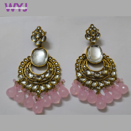 Antique Kundan Earrings with Blush Pink Beads & Mirror Detailing