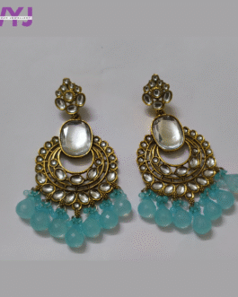 Aqua Blue Beaded Kundan Earrings with Mirror Stone Accent