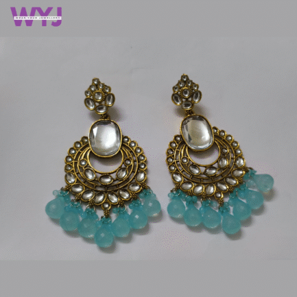 Aqua Blue Beaded Kundan Earrings with Mirror Stone Accent