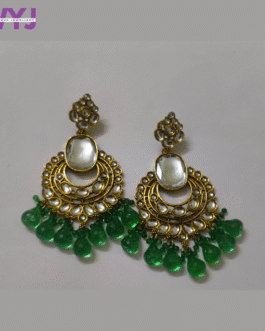 Emerald Green Kundan Chandbali Earrings with Mirror Stone