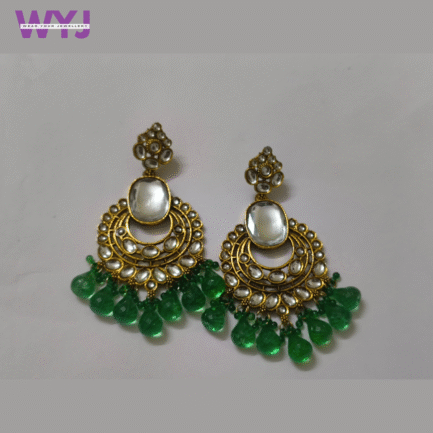 Emerald Green Kundan Chandbali Earrings with Mirror Stone