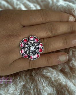 Rose Glow Oxidised Floral Ring – Red & Pink Petal Statement Ring
