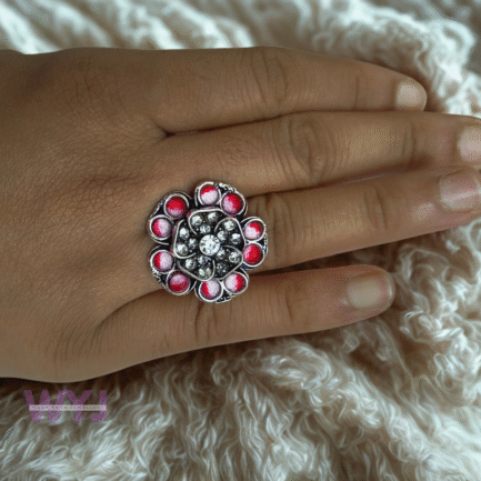 Rose Glow Oxidised Floral Ring – Red & Pink Petal Statement Ring