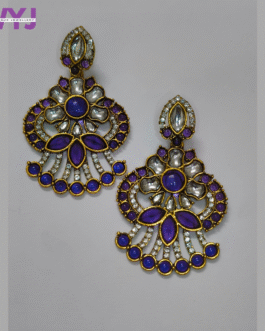 Royal Purple Kundan Fan Earrings with Floral Design