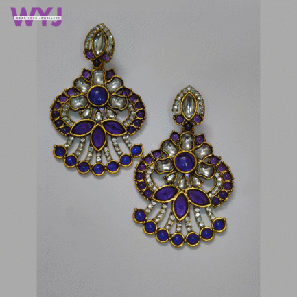 Royal Purple Kundan Fan Earrings with Floral Design