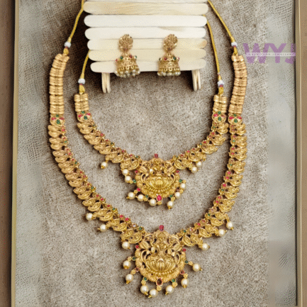 Royal Dual Temple Necklace Set with Jhumkas