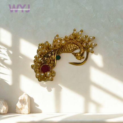 Regal Golden Peacock Nose Ring with Pearl Clusters