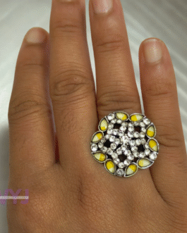 Sunshine Bloom Oxidised Floral Ring – Yellow Stone Studded Statement Ring
