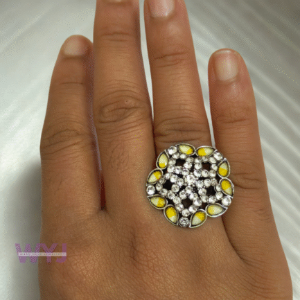 Sunshine Bloom Oxidised Floral Ring – Yellow Stone Studded Statement Ring