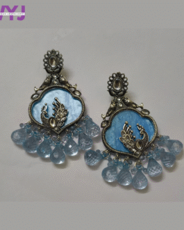 Oxidised Silver Peacock Earrings with Blue Beads