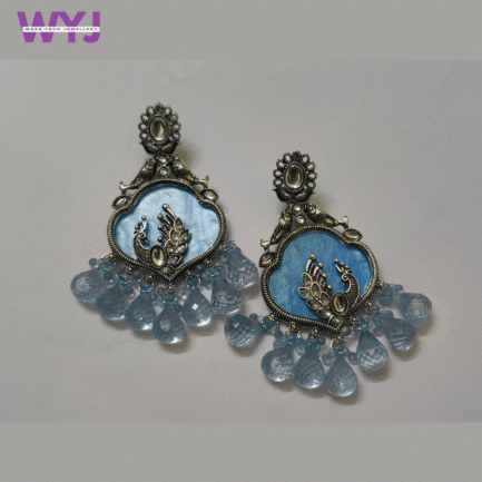 Oxidised Silver Peacock Earrings with Blue Beads