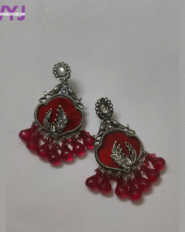 Oxidised Silver Peacock Earrings with Red Crystal Drops