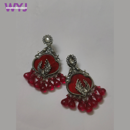 Oxidised Silver Peacock Earrings with Red Crystal Drops