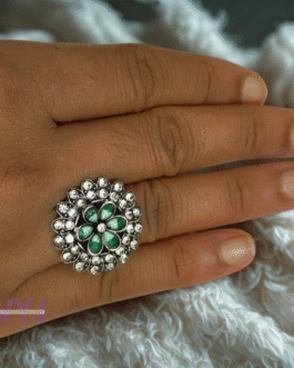 Emerald Bloom Oxidised Statement Ring – Green Petal Crystal Ring