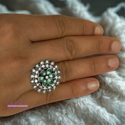 Emerald Bloom Oxidised Statement Ring – Green Petal Crystal Ring