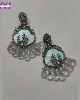 Oxidised Silver Peacock Earrings with Frosted White Crystal Drops