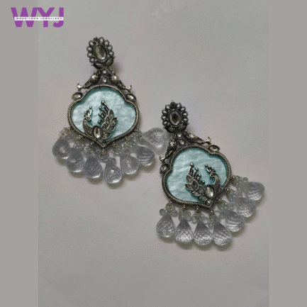 Oxidised Silver Peacock Earrings with Frosted White Crystal Drops