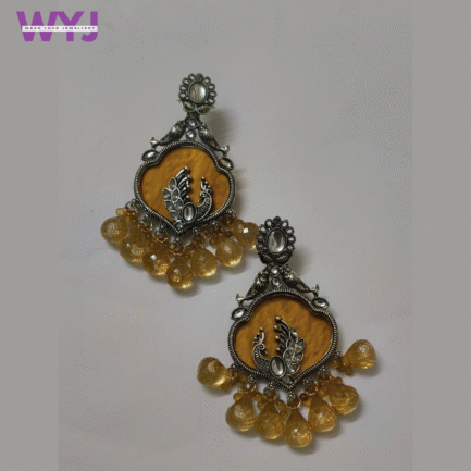 Oxidised Silver Peacock Earrings with Golden Yellow Drop Beads