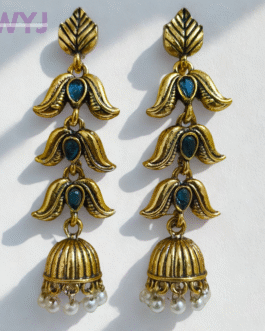 Antique Floral Dangler Earrings with Blue Stones & Pearl Jhumka