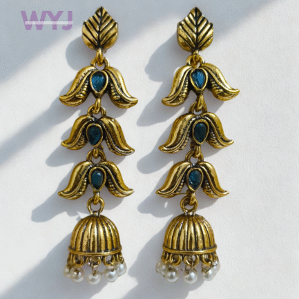 Antique Floral Dangler Earrings with Blue Stones & Pearl Jhumka