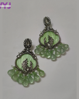 Oxidised Silver Peacock Earrings with Mint Green Drop Beads