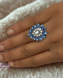 Blue Dewdrop Floral Ring – Oxidised Petal Design Statement Ring