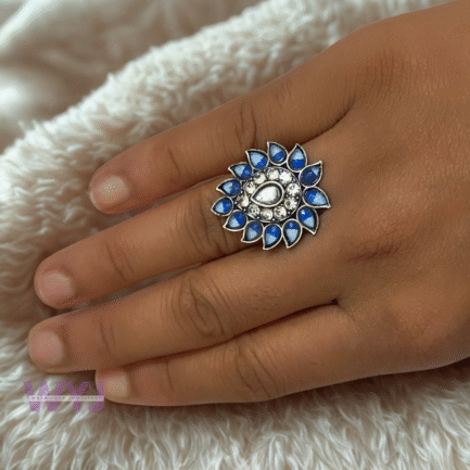 Blue Dewdrop Floral Ring – Oxidised Petal Design Statement Ring