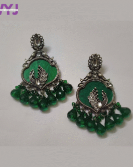 Oxidised Silver Peacock Earrings with Emerald Green Drop Beads