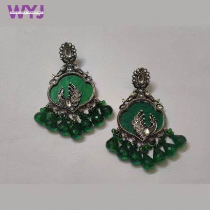 Oxidised Silver Peacock Earrings with Emerald Green Drop Beads
