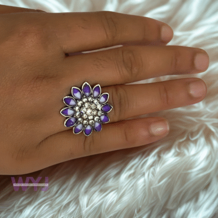 Lavender Bloom Statement Ring – Purple Petal Crystal Ring