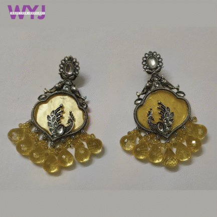 Oxidised Silver Peacock Earrings with Golden Yellow Drop Beads