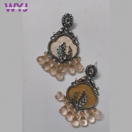 Oxidised Silver Peacock Earrings with Champagne Peach Drop Beads