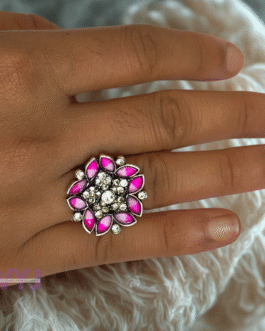Rosy Bloom Statement Ring – Pink Floral Design with Crystals