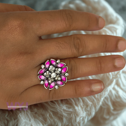 Rosy Bloom Statement Ring – Pink Floral Design with Crystals