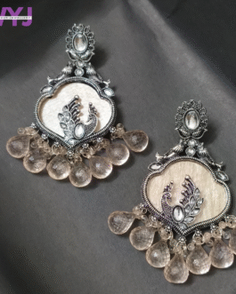 Oxidised Silver Peacock Earrings with Clear Peach Drop Beads