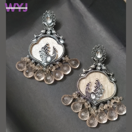 Oxidised Silver Peacock Earrings with Clear Peach Drop Beads