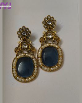 Royal Blue Stone & Pearl Antique Gold Earrings