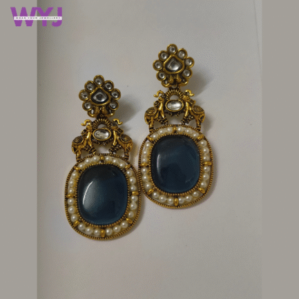 Royal Blue Stone & Pearl Antique Gold Earrings