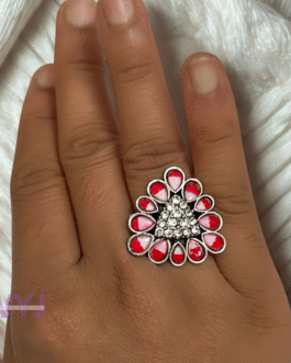 Crimson Petal Triangle Statement Ring – Adjustable Oxidised Finish